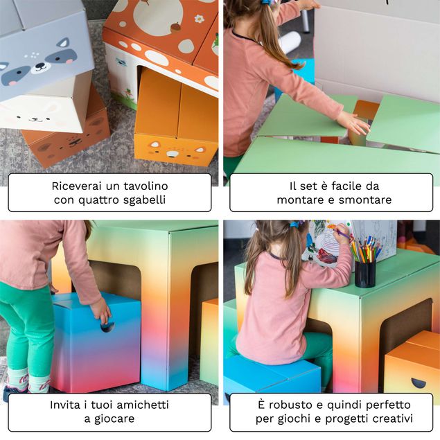 Tavolino con sedie per bambini di cartone FOLDZILLA - Tavolino con sedie - Bianco da colorare/decorare con adesivi